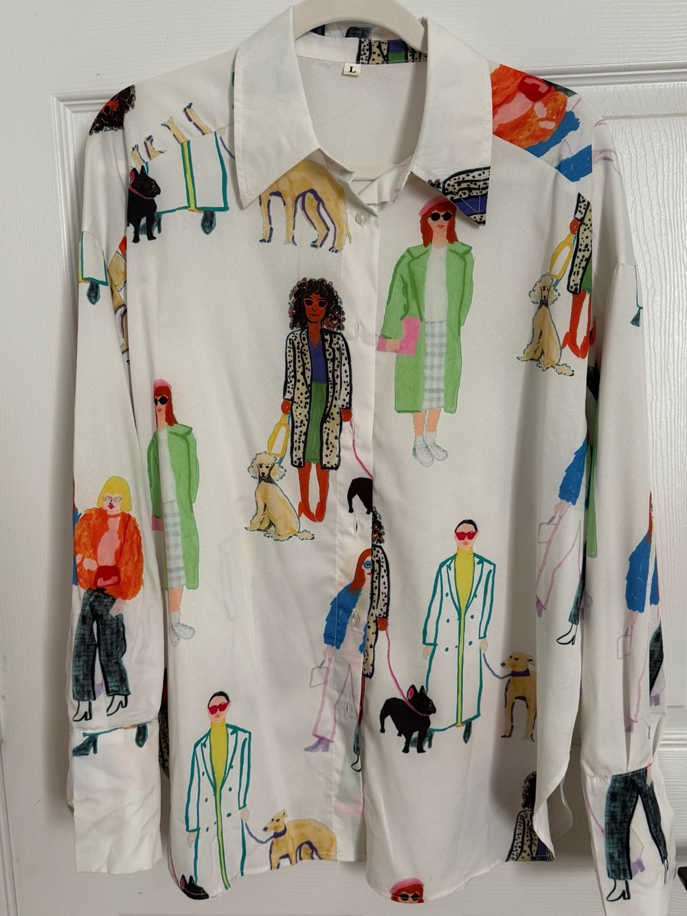 Women’s White Silk Button-Down Shirt with Multicolor Illustration Print